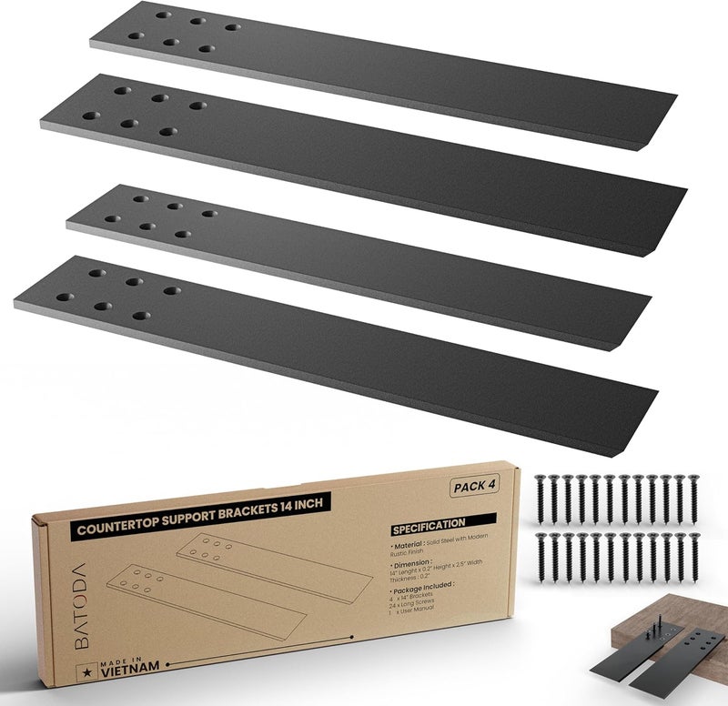 BATODA 14" Countertop Support Brackets (4 pcs) for Granite - Heavy Duty L Shelf Bracket - Wall Mounted Support for DIY Open Shelving – Knee Wall Support - Mounting Hardware Included ( Pack 4 ) - Image 1
